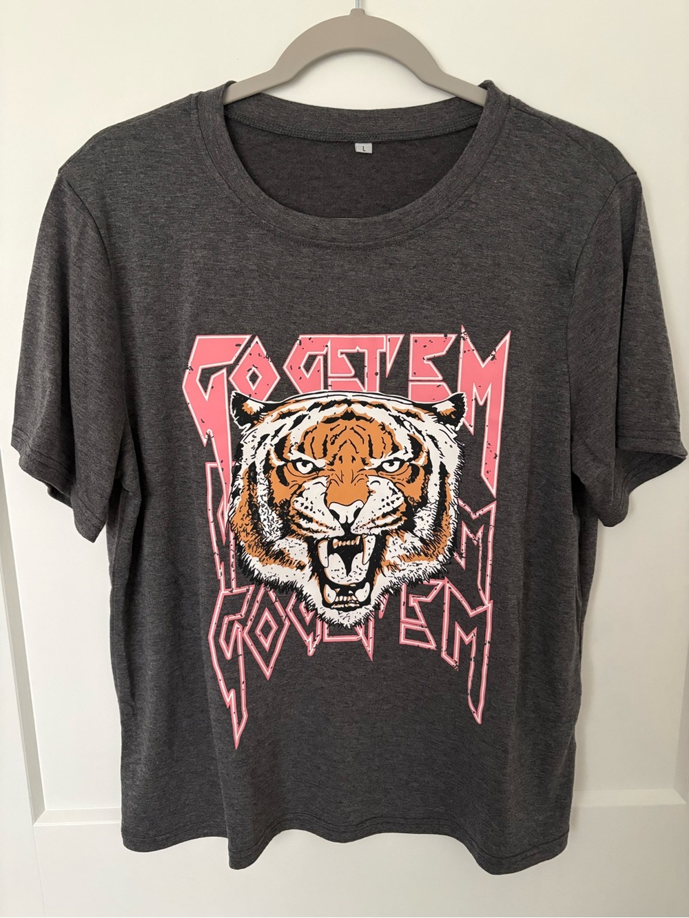 Amazon Women's Short Sleeve Gray Tee with Tiger Graphic and Pink Accents